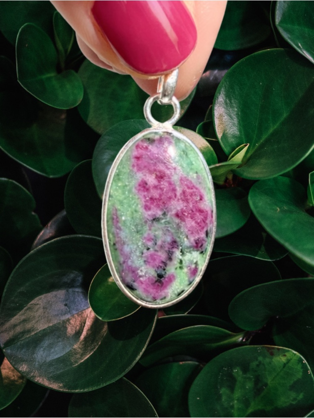 Ruby Zoisite Sterling Silver Pendant | 925 Signed | Green & Pink Boho Stone New